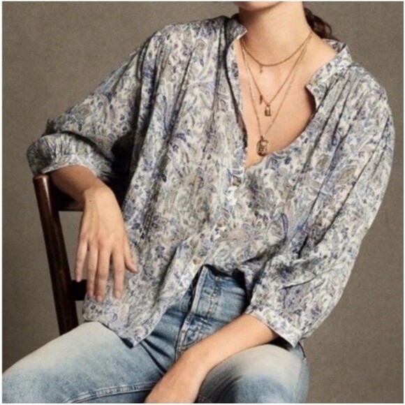 Anthropologie Pilcro Sidney Batwing Blouse XL Blue Paisley Peasant Boho Flowy - Picture 1 of 15